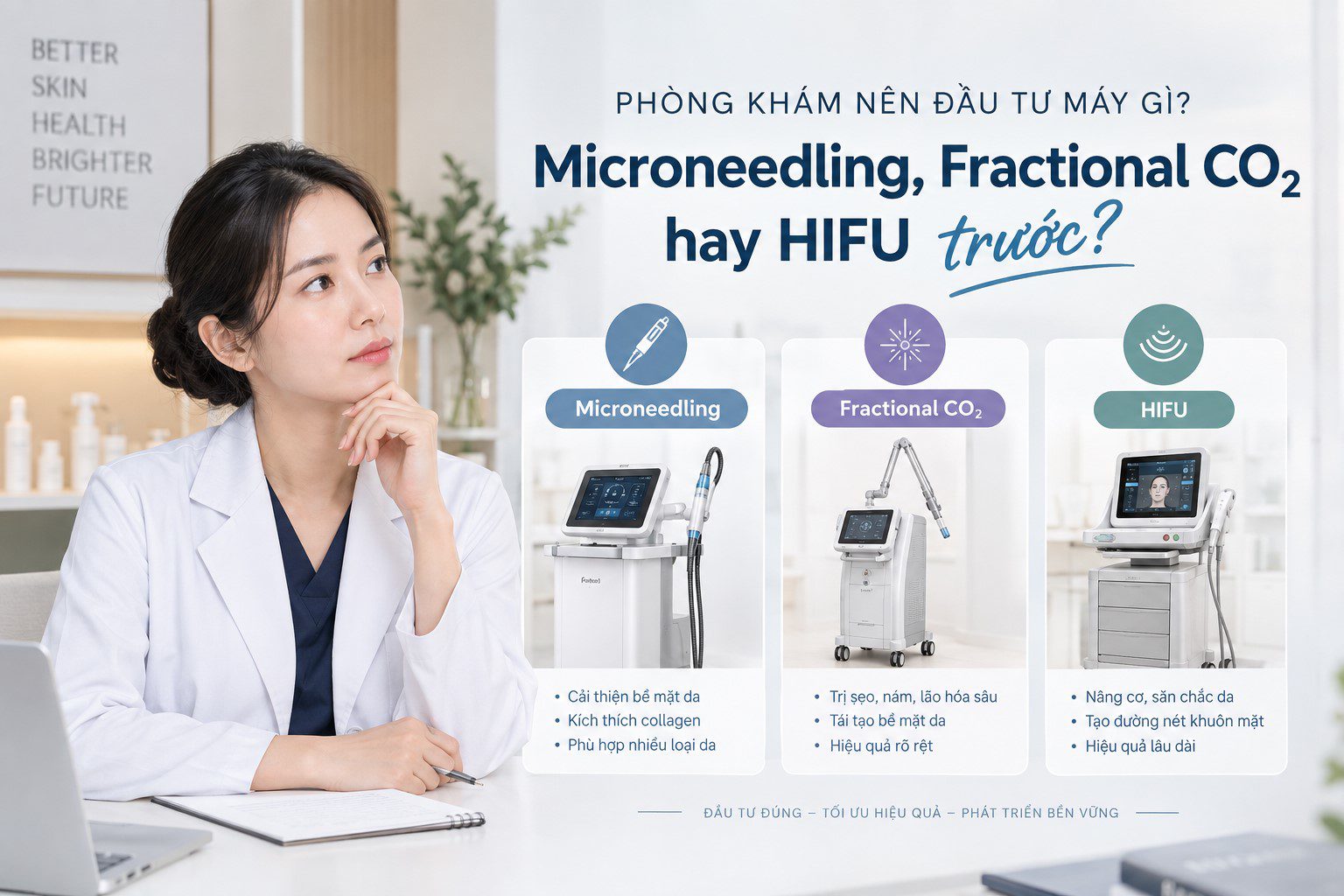 Phòng khám có ngân sách hữu hạn: Nên đầu tư Microneedling, Fractional CO₂ hay HIFU trước? 1 Chọn Microneedling, Laser CO2 Fractional, Hifu Liftera 2.1