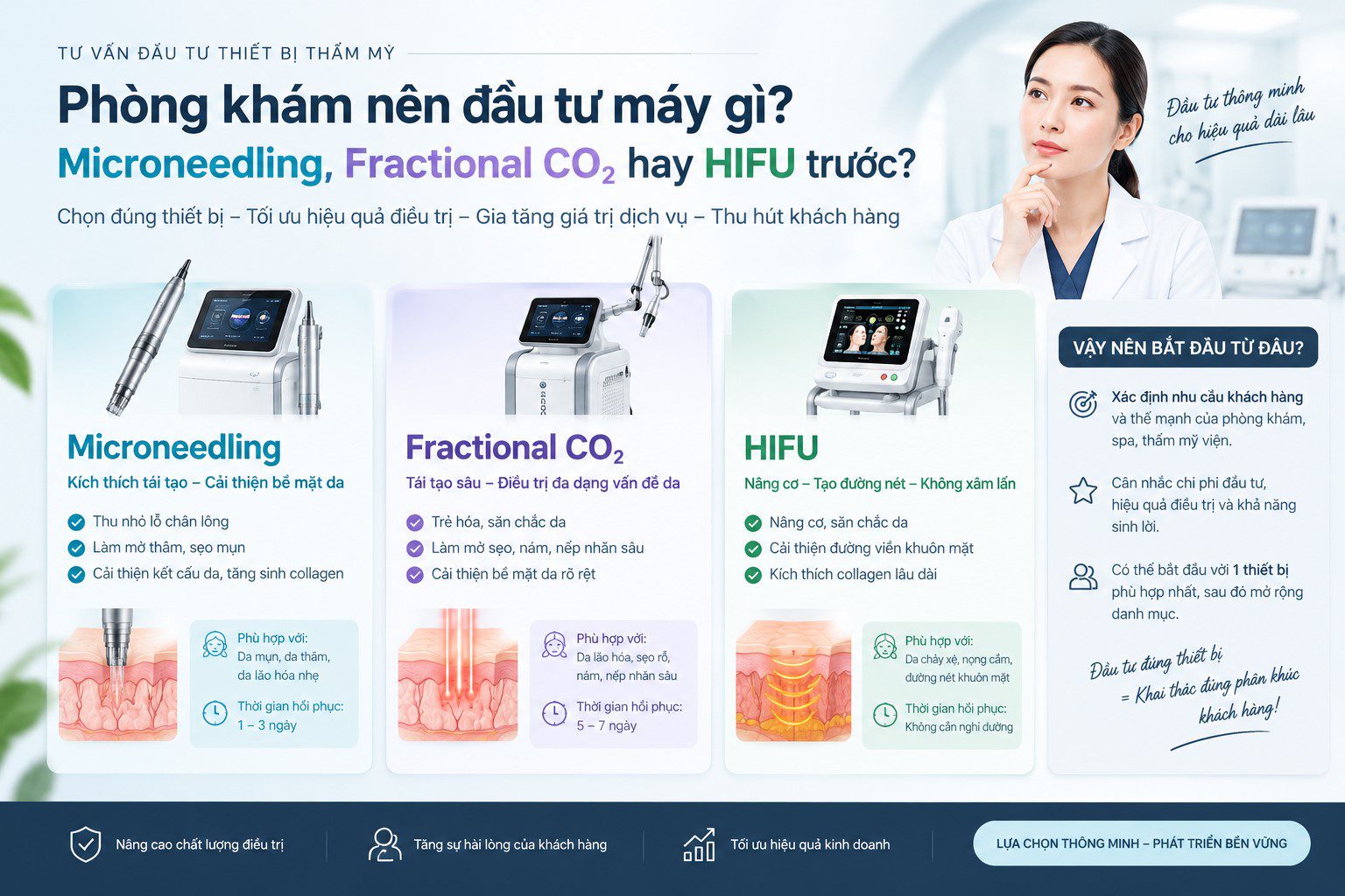 Phòng khám nên đầu tư máy gì Microneedling, Fractional CO₂ hay HIFU trước